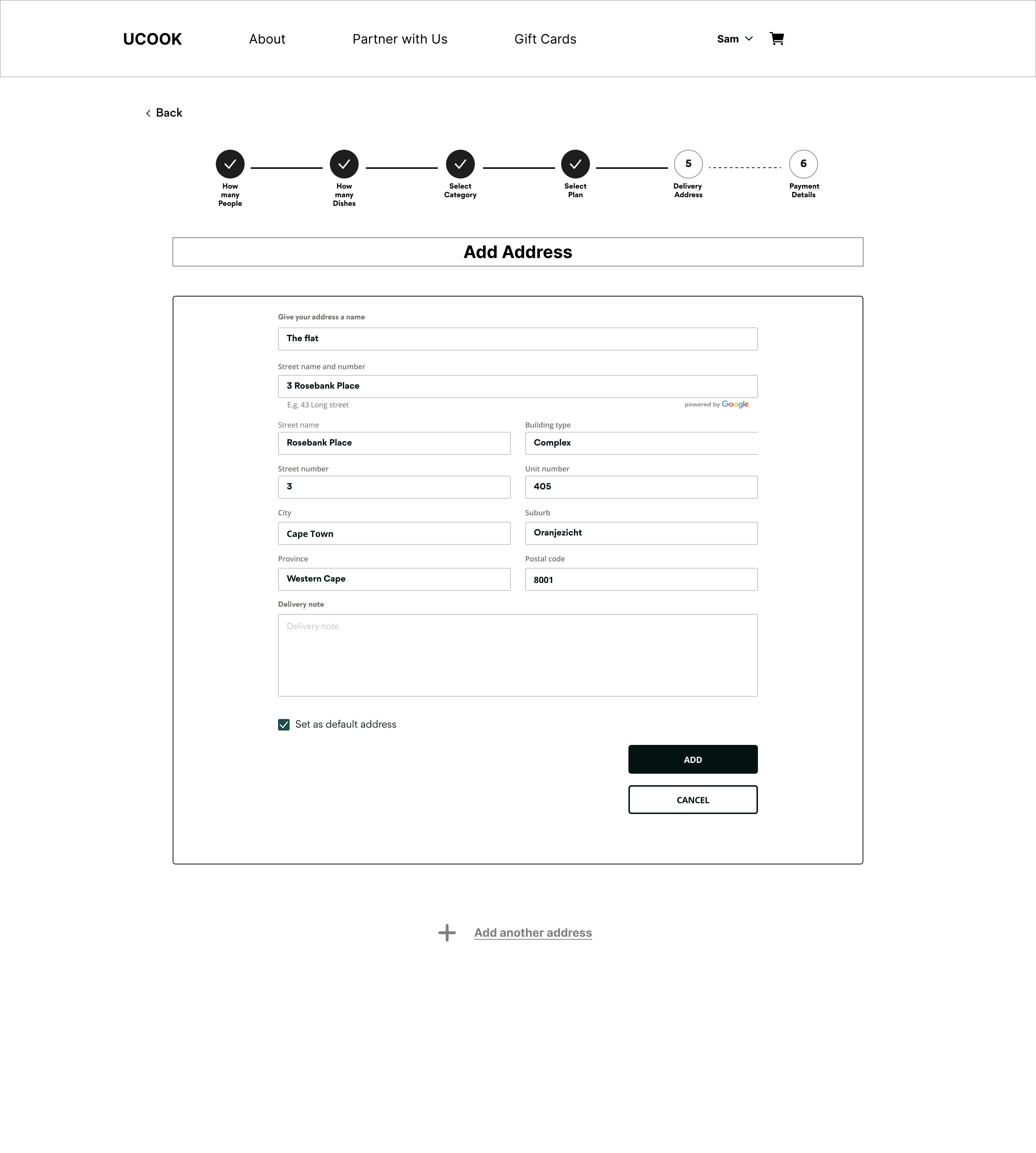 Step 5: Delivery address form with Google Places
