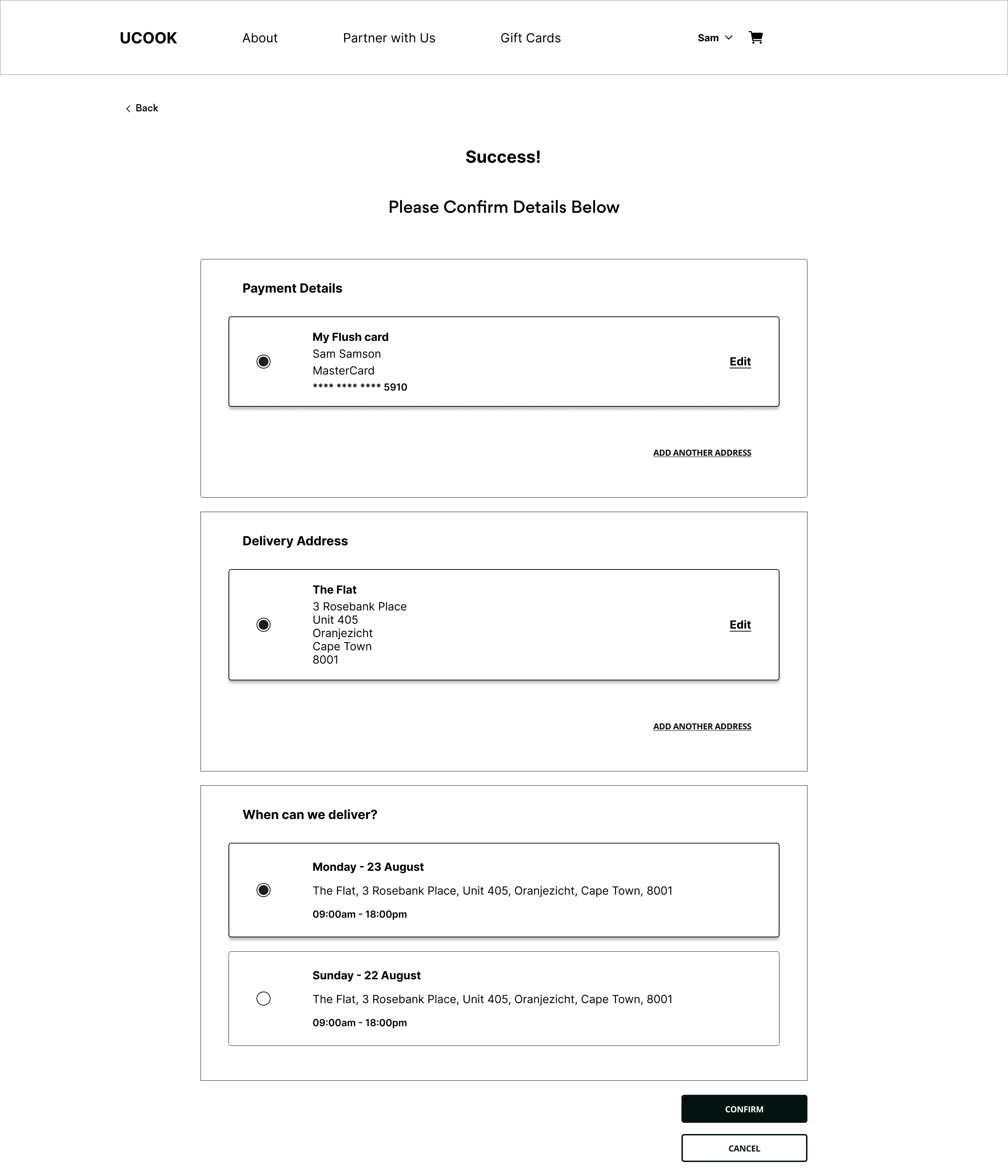 Confirmation page showing payment, address, and delivery review