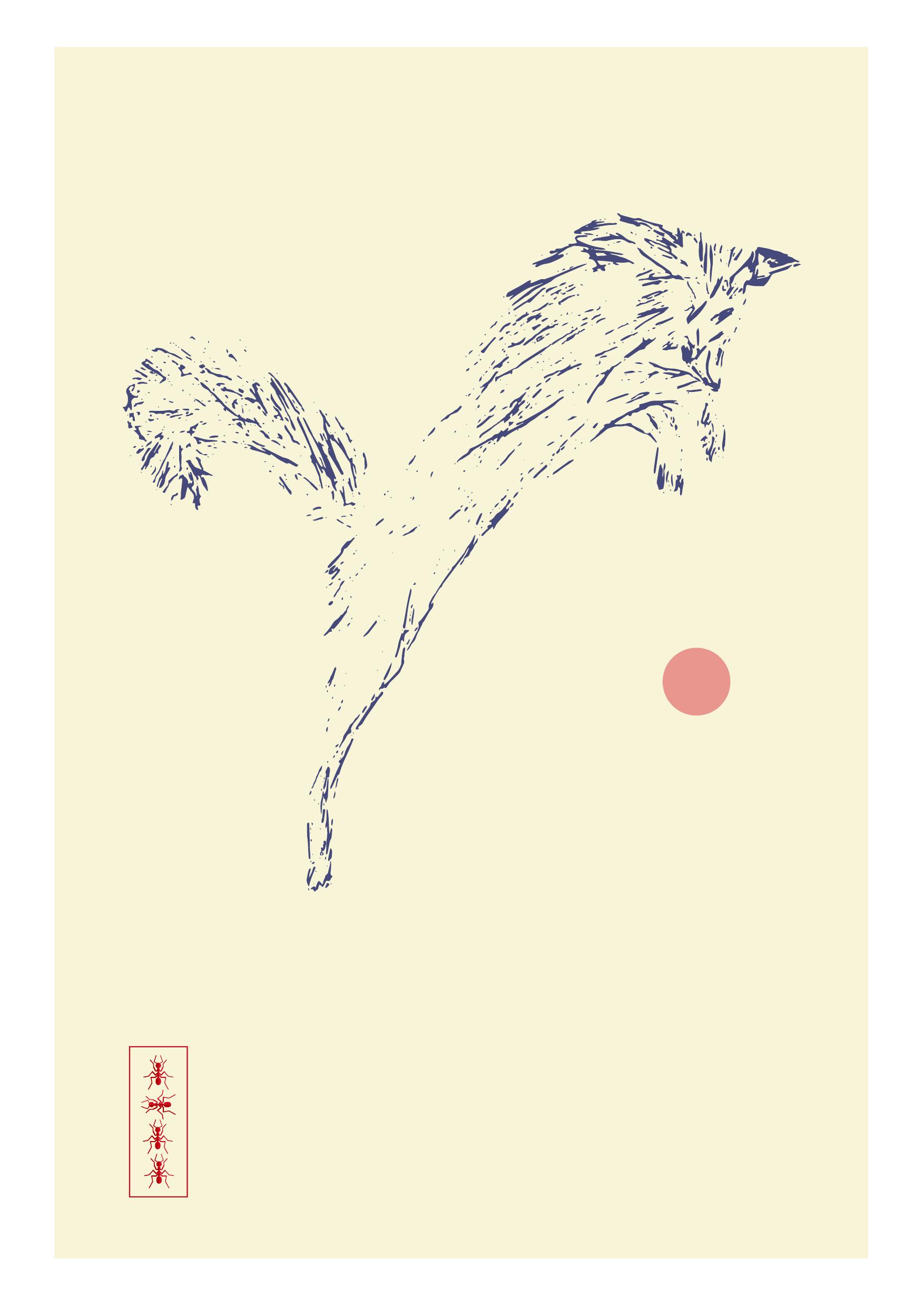 Squirrel in flight — cream, indigo ink