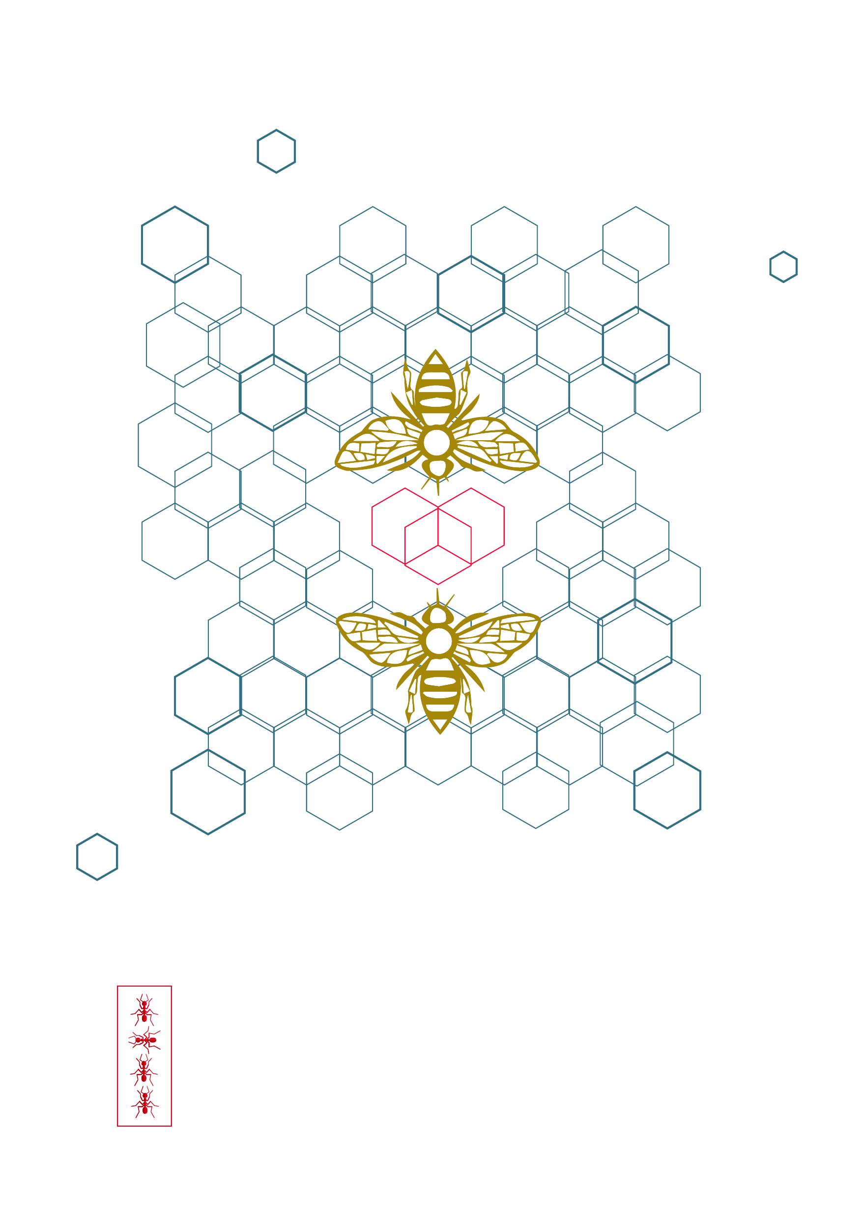 Honeybees and hexagons — teal and gold