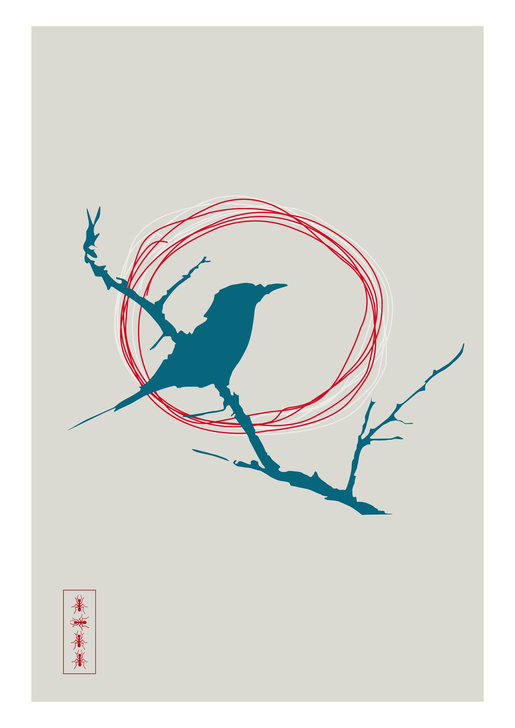 Bird on branch — grey, red enso
