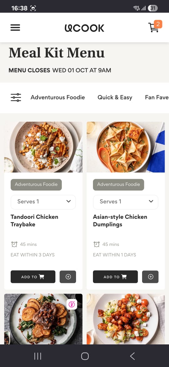 Meal kit menu, step next
